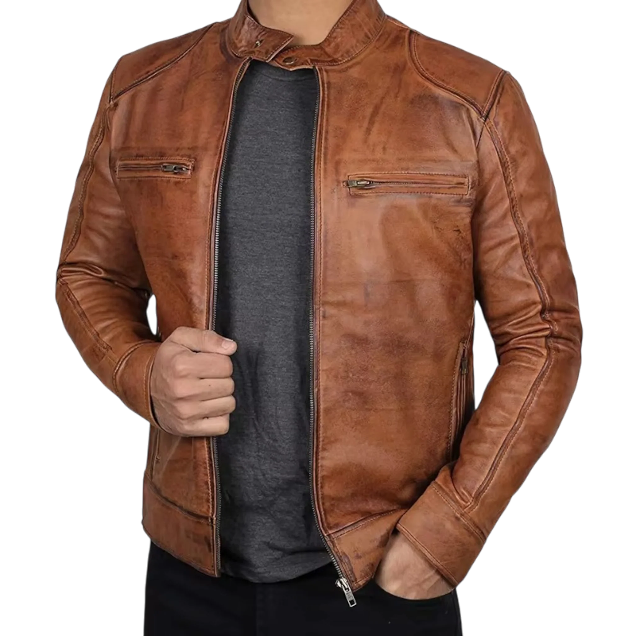 Men’s Tan Brown & Black Fashion Leather Jacket